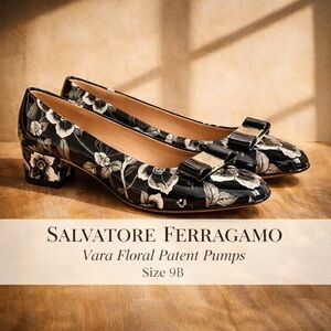 Salvatore Ferragamo Vara Bow Floral Patent Block Heel Pumps Black White Size 9B